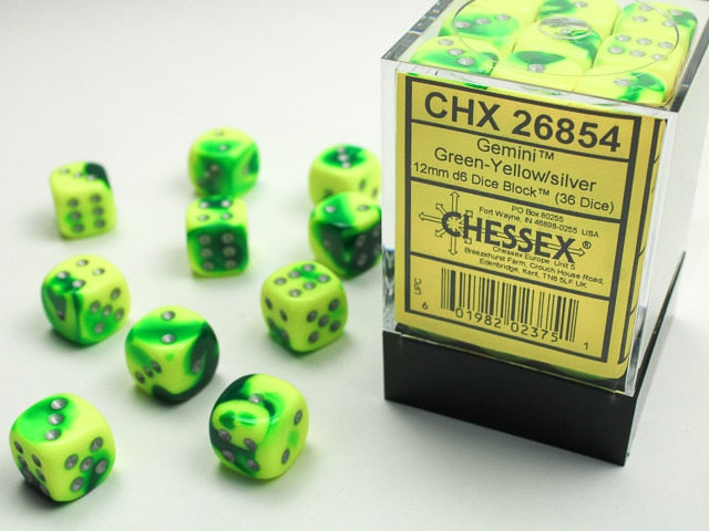 CHX26854 36d6 Green-Yellow/Silver Gemini 12mm Dice image 0